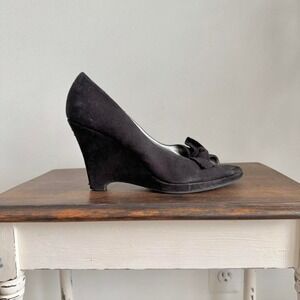 Suede Peeptoe Wedge Heel Black Bow Size 8.5